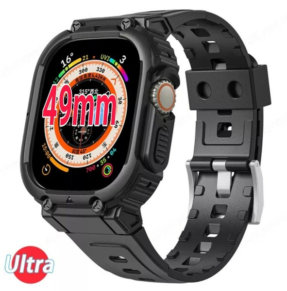 Apple Watch Ultra 保護カバー 一体型 ベルト バンド 49mm ブラック