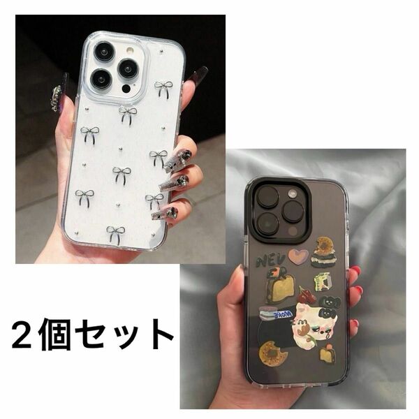 スマホケース iPhone12 クリア リボン ネコ シンプル かわいい セット 韓国