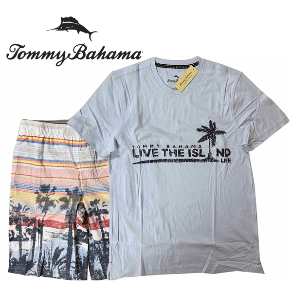 新品 L ★ コストコ TOMMY BAHAMA メンズ パジャマ 上下 セット 半袖 ハーフパンツ ヤシの木 トミーバハマ ルームウェア Tシャツ 短パン