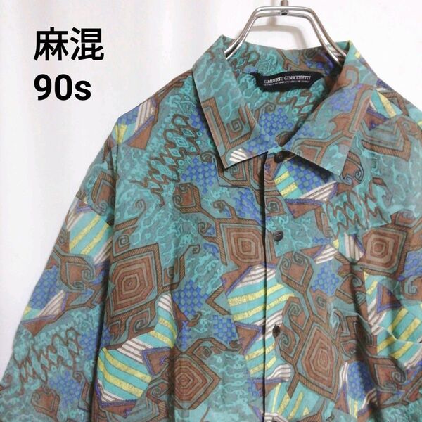 【90s】古着 ライカ 半袖シャツ 麻混 薄手 幾何学模様 総柄