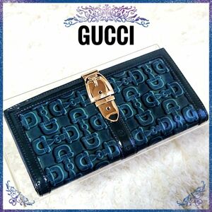 GUCCI グッチ☆ホースビット パテントレザー エナメル 二つ折り 長財布 グリーン系