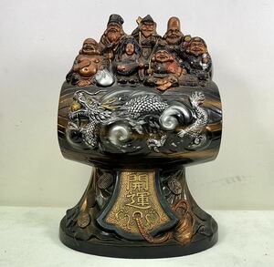  Seven Deities of Good Luck .. work .. thing ornament old fine art Zaimei dragon sculpture better fortune strike ... small hammer interior objet d'art antique old tool cloth sack rare height approximately 47cm extra-large 1000 jpy ~