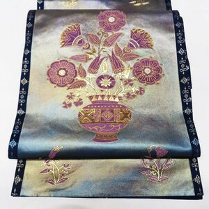 ★きもの北條★ 帝王紫　花瓶に花の図　六通　引箔　中古　正絹　袋帯　T679-3