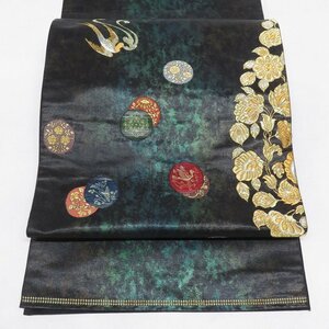 ★きもの北條★ 花鳥模様　引箔　お太鼓柄　中古　正絹　袋帯　T680-5