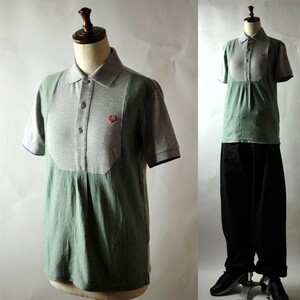 ★国内正規 日本製 FRED PERRY フレッドペリー 切り替え ファインストライプ ポロシャツ サイズ S USED品 グレー系 国内定価14,040円