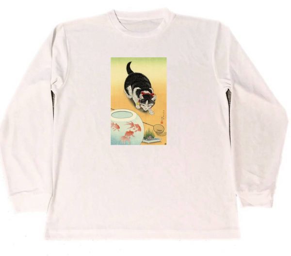 Koson Ohara Cat Goldfish Dry T-Shirt Masterpiece Painting Goods Long Langes T-Shirt, Größe M, Rundhals, Brief, Logo