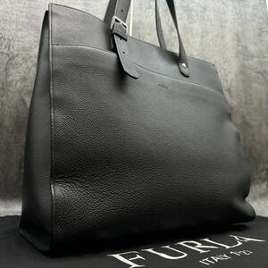 ■現行 美品■FURLA フルラ トートバッグ 肩掛け ショルダー ビジネス メンズ 大容量 書類 A4 PC レザー シボ革 カーフレザー ブラック 黒