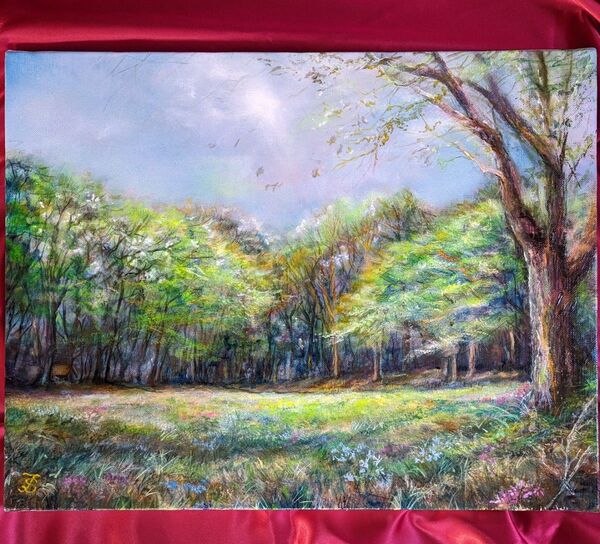 painterTMKの絵画 「命の芽吹」風景画 油絵風景画 新緑 山の風景画 F6キャンバス 真作