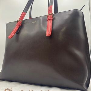 1円【A4収納/美品】Paul Smith ポールスミス カラードチップ トートバッグ ビジネス 肩掛け メンズ レザー 本革 焦茶 大容量 PC 通勤 仕事