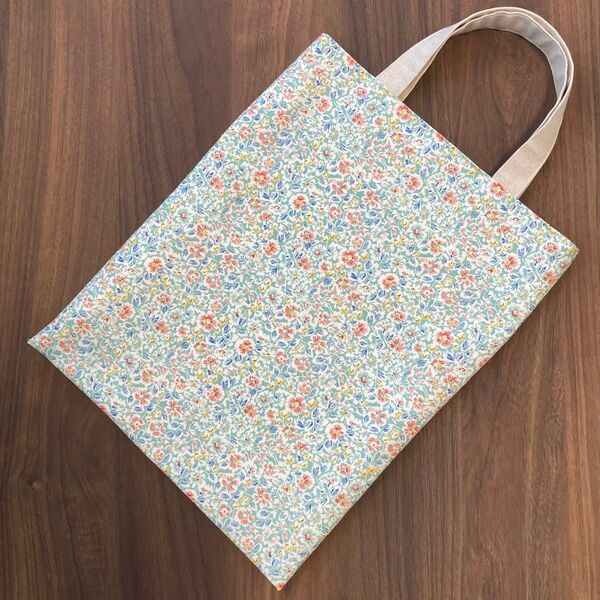 ぺたんこトートバッグ A4サイズ ハンドメイド 海辺のお花 ミント