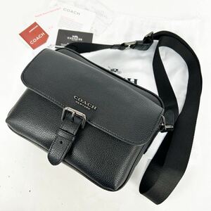 【新品未使用】COACH コーチ ハドソン ショルダーバッグ クロスボディ 肩掛け ビジネス メンズ ブラック 黒 ロゴ金具 2室 レザー 革