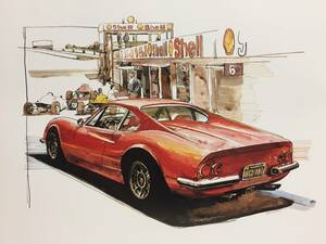 【正規品 絶版】Bowイラスト フェラーリ ディーノ 246GT カーマガジン 8 Ferrari Dino 246GT アンティーク クラシックカー 旧車 絵