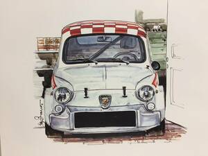 【正規品 絶版】Bowイラスト アバルト 1000 TCR カーマガジン 59 Abarth 1000 TCR アンティーク インテリア クラシックカー 旧車 絵