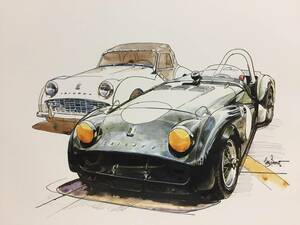 【正規品 絶版】Bowイラスト トライアンフTR-3A カーマガジン 64 Triumph TR-3A アンティーク インテリア クラシックカー 旧車 絵