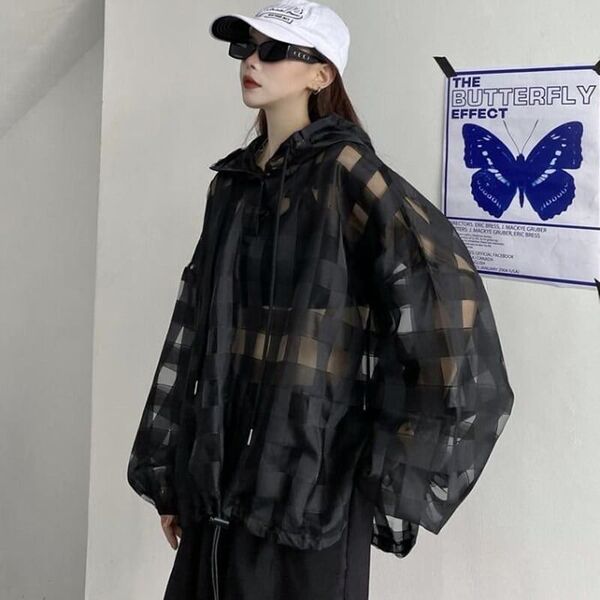 チェック柄シアーパーカ- トップス 長袖 フード付き ヒップホップ 韓国ファッション ダンス衣装 透け感 長袖 春夏