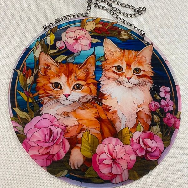 一点のみ新品!可愛い猫さん達のサンキャッチャー、丸い染色アクリルウォールアート