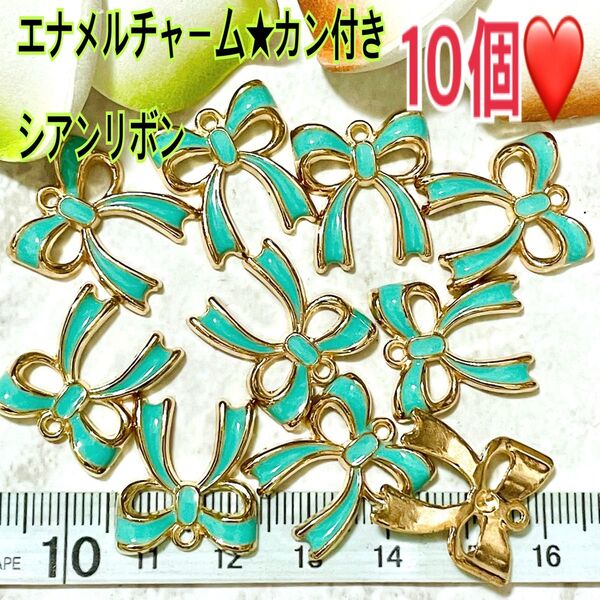エナメルチャー厶★カン付きシアンリボン10個