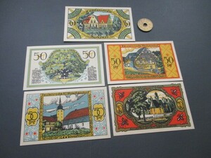 未使用　ドイツ地方紙幣　ツォイレンローダ市　1921年　絵入コレクター用　50ペニヒ5枚