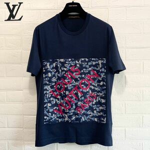 ☆未使用 LOUIS VUITTON ルイヴィトン 迷彩柄 カモフラージュロゴ 半袖 Tシャツ ネイビー×フューシャピンク 切替 メンズ サイズM トップス