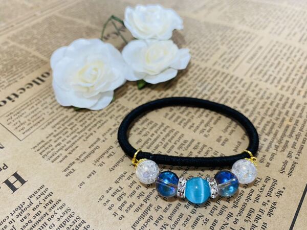 ◇美麗◇天然石ヘアゴム◇ブルーキャッツアイ×アクアオーラブルー×オーロラクラック水晶◇レディース◇パワーストーン◇ブレスレット
