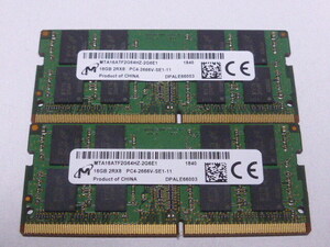 メモリ ノートパソコン用 1.20V Micron DDR4-2666 PC4-21300 16GBx2枚 合計32GB 起動確認済です 