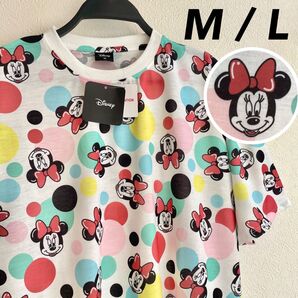 【M】Disney ミニー 総柄 ゆったりラウンドカットTシャツ レディース●チュニック ペアコーデ ユニセックス/ホワイト