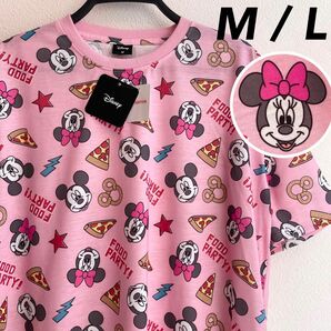 【L】Disney ミッキー&ミニー　フード柄　ゆったりラウンドカットTシャツ　レディース●チュニック　ユニセックス/ピンク