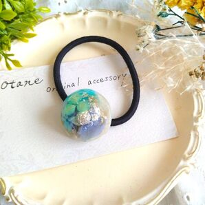 BLUE紫陽花×WHITEレースフラワー ラウンドヘアゴム