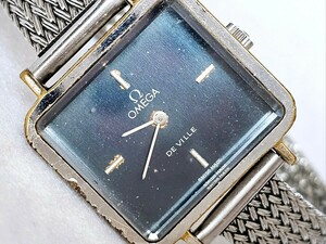 1円スタート☆OMEGA オメガ DEVILLE デビル スクエアフェイス テレビ型 高級機械式腕時計 ネイビーダイヤル