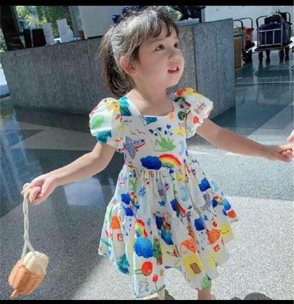 【在庫処分価格】ワンピース キッズドレス 100cm フレア カラフル 韓国
