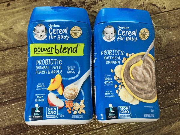 Gerber ●赤ちゃん向けシリアル、Powerblend、ピーチ＆リンゴ ●プロバイオティクスオートミールシリアル、バナナ