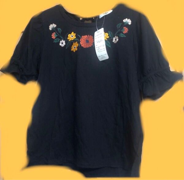 レディース Tシャツ 花柄 リボン フリル ブラック トップス 半袖 黒