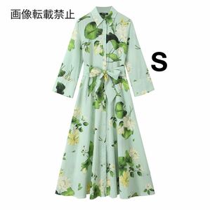 green vintage ヴィンテージ レトロ フラワー 花柄 ロング シャツワンピース Sサイズ レディース★ZARA 好きな方に★夏新作 新品未使用★