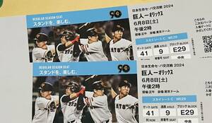 送料込み★東京ドーム 交流戦　６月８日(土) 巨人×オリックス戦 中央２階席 通路側２枚連番★