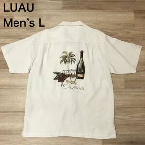 【送料無料】LUAUシルク100%背面刺繍アロハシャツ　アイボリー　メンズLサイズ　ハワイアン半袖シャツ絹