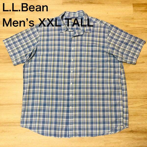 【送料無料】L.L.Bean半袖シャツ　青系チェック柄　メンズXXL TALLサイズ　エルエルビーンアウトドア登山