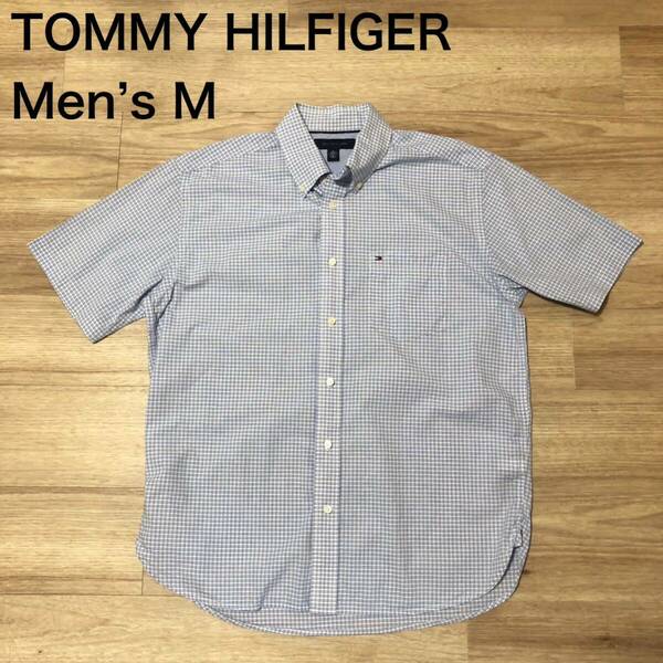【送料無料】TOMMY HILFIGER半袖シャツ 青白チェック柄　メンズMサイズ　トミーヒルフィガー