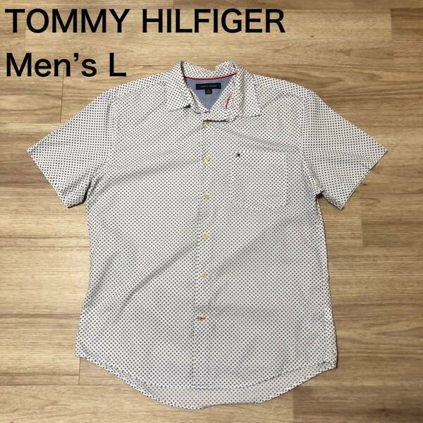 【送料無料】TOMMY HILFIGER半袖シャツ 白総柄　メンズLサイズ　トミーヒルフィガー