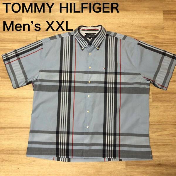 【送料無料】TOMMY HILFIGER半袖シャツ 青系チェック柄　メンズXXLサイズ　トミーヒルフィガー