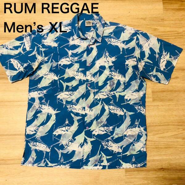 【送料無料】RUM REGGAEコットン100%アロハシャツ 青系総柄　メンズXLサイズ　ハワイアン半袖シャツ