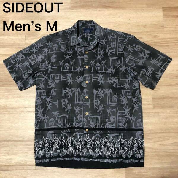 【送料無料】SIDEOUTポリエステル100%アロハシャツ　黒グレー総柄　メンズMサイズ　ハワイアンサイドアウト半袖シャツ