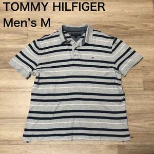 【送料無料】TOMMY HILFIGER 半袖ポロシャツ グレーネイビーボーダー柄　メンズMサイズ　トミーヒルフィガー