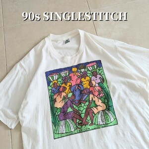 90s アフリカンアート　絵画　Tシャツ シングルステッチ　L