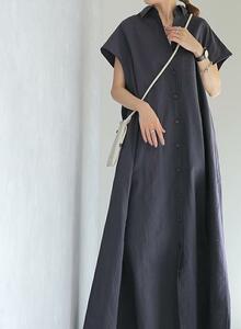  cotton flax material. maxi height dress * new goods * large size *do Le Mans sleeve rear gya The -. maxi height dress navy blue color 