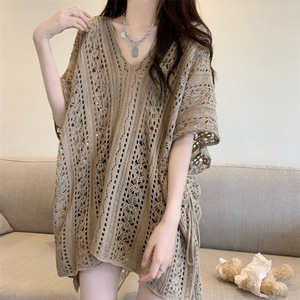 a.... V neck poncho * new goods * large size * easy beige. poncho 