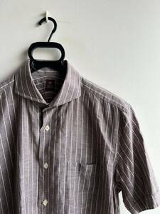 [ ultimate beautiful goods ]TAKEO KIKUCHI short sleeves shirt men's size 4 Brown × white linen flax . Hori zontaru color Takeo Kikuchi 
