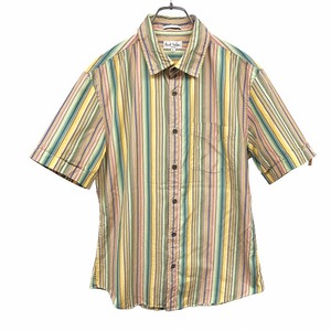 ポールスミス Paul Smith シャツ ストライプ 半袖 ショートスリーブ 胸ポケット 日本製 綿100% L 緑×紫×ピンク×黄×茶 メンズ