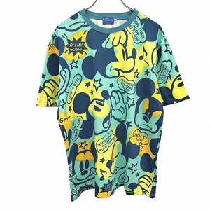 東京ディズニーリゾート TOKYO DISNEY RESORT Tシャツ ミッキーマウス 英字 半袖 綿100% LL ヘザーグリーン 杢緑×黄×オレンジ×紺 メンズ