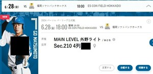 6/28( золотой )es темно синий поле Hokkaido Nippon-Ham Fighters VS SoftBank Hawk s вне . свет MAIN LEVEL пара билет!!