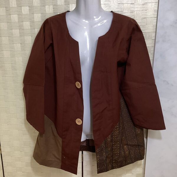 羽織り ハンドメイド 飾りボタン ブラウン系 花模様 モダン オシャレ M112